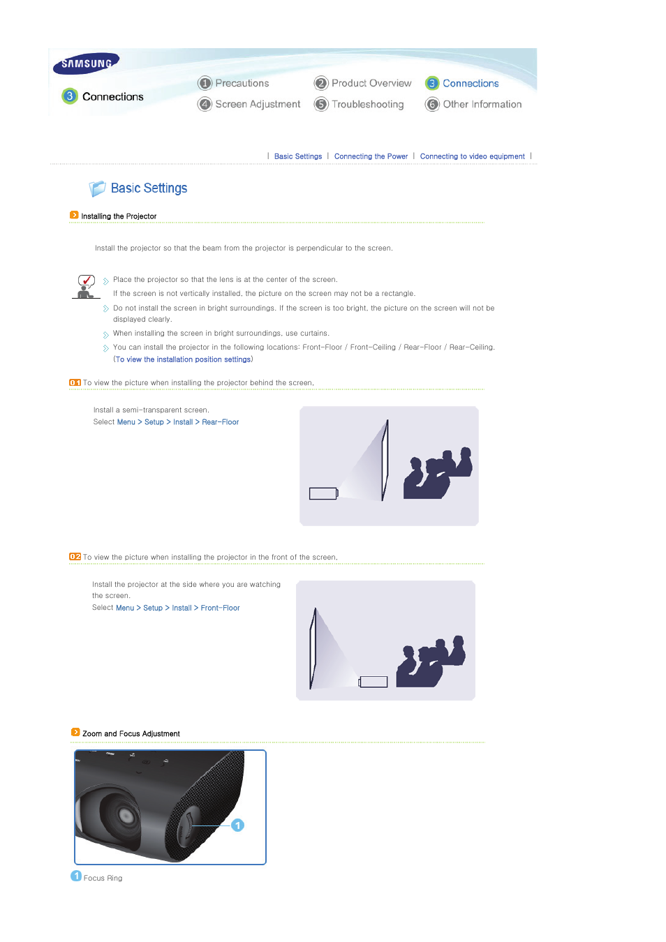 Connections, Basic settings | Samsung SP-P400B User Manual | Page 15 / 35