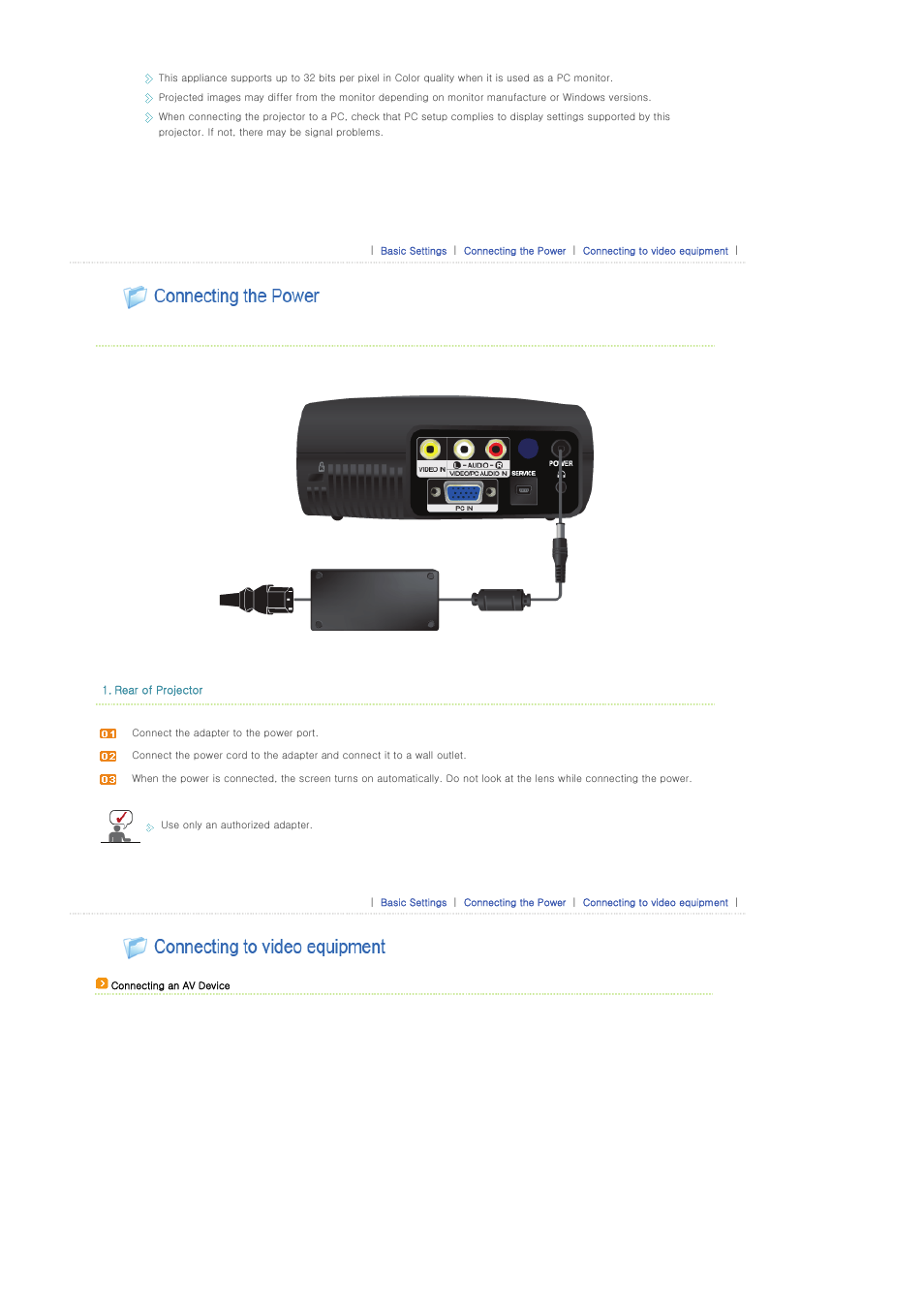 Connecting the power, Connecting to video equipment | Samsung SP-P400B User Manual | Page 18 / 35