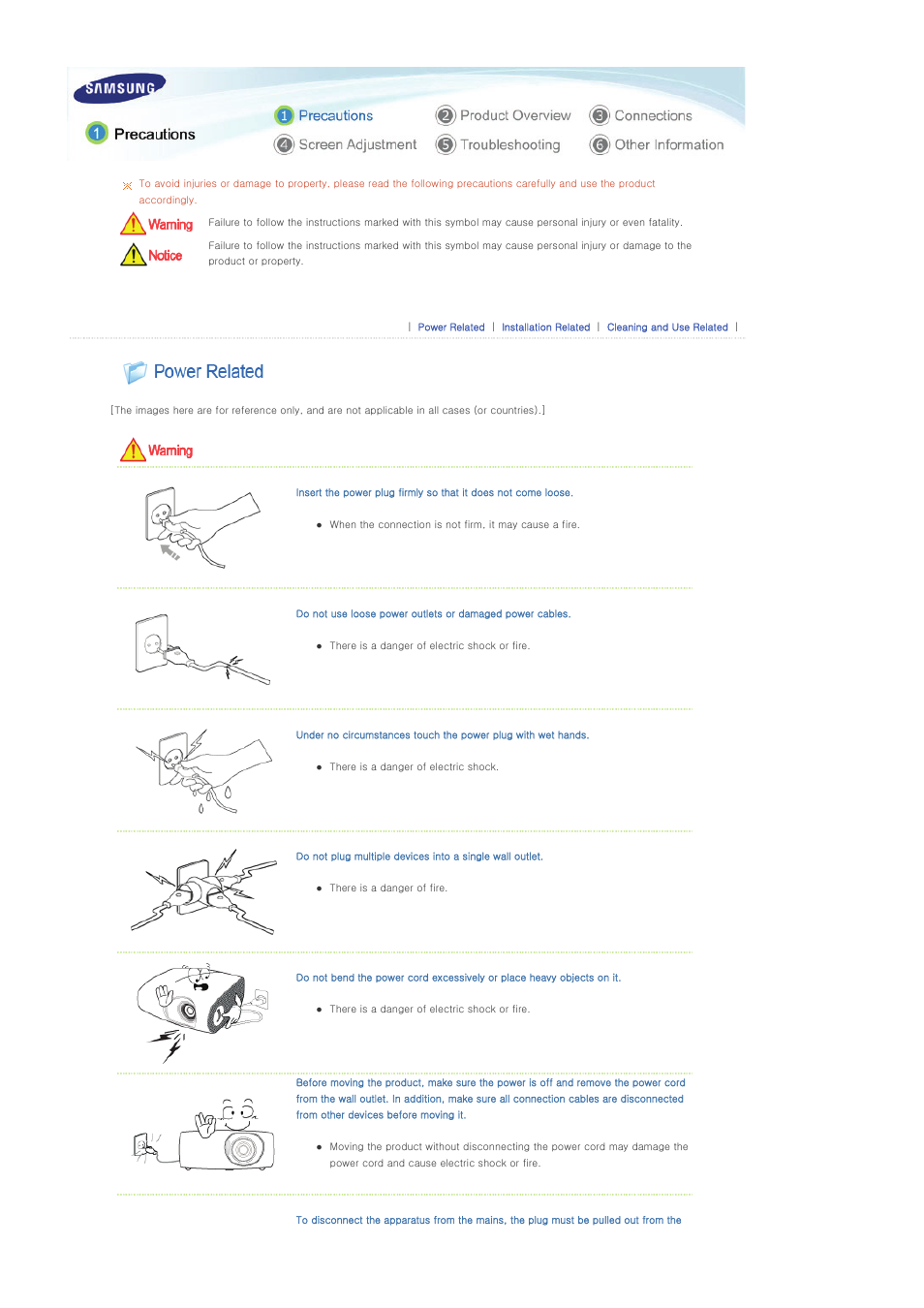 Precautions, Power related | Samsung SP-P400B User Manual | Page 2 / 35