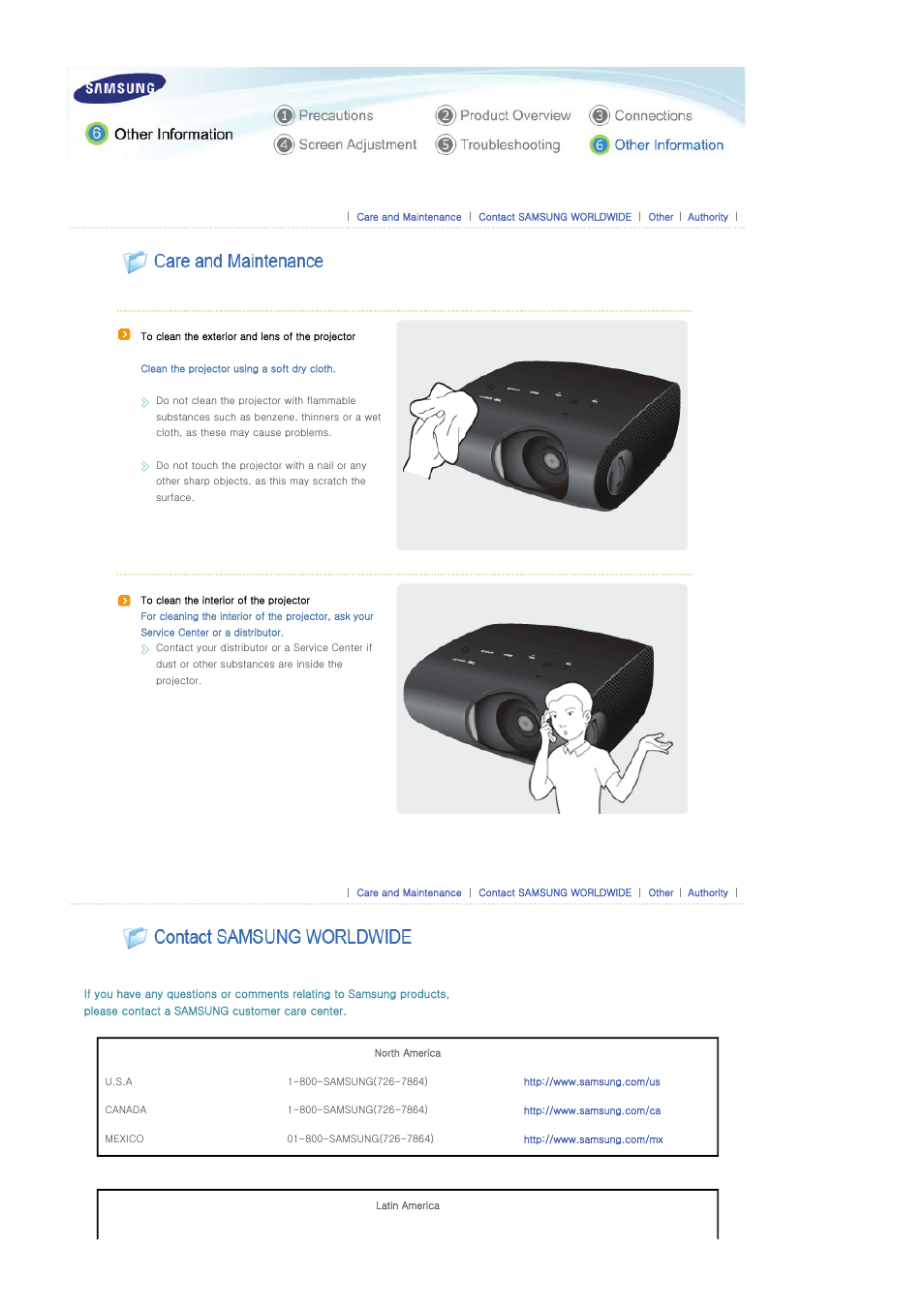 Other information, Care and maintenance, Contact samsung worldwide | Samsung SP-P400B User Manual | Page 30 / 35