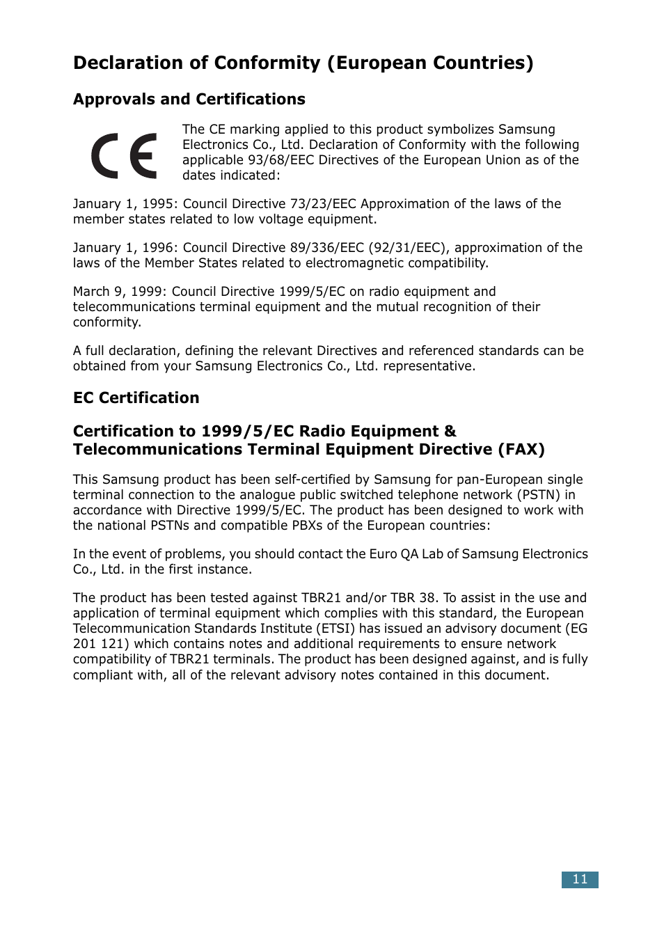 Declaration of conformity (european countries) | Samsung ML-1520 User Manual | Page 12 / 138