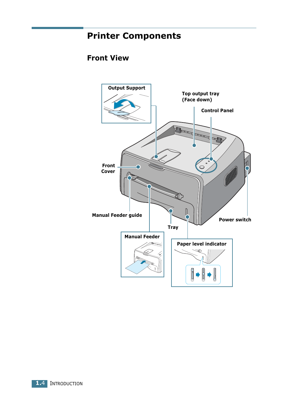 Printer components, Front view | Samsung ML-1520 User Manual | Page 17 / 138