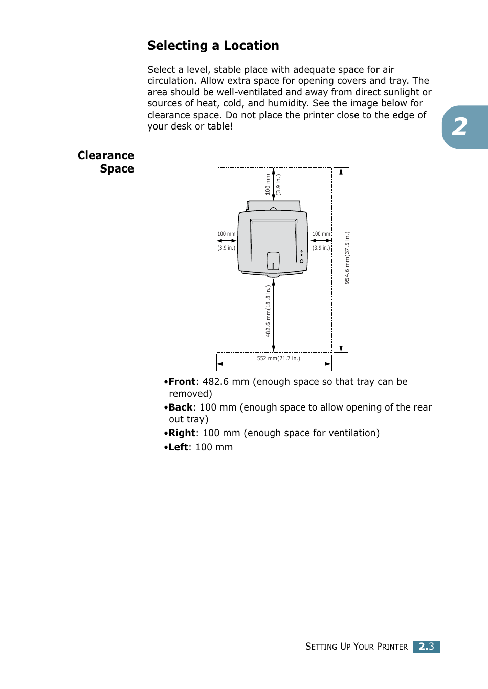 Selecting a location, Clearance space | Samsung ML-1520 User Manual | Page 24 / 138