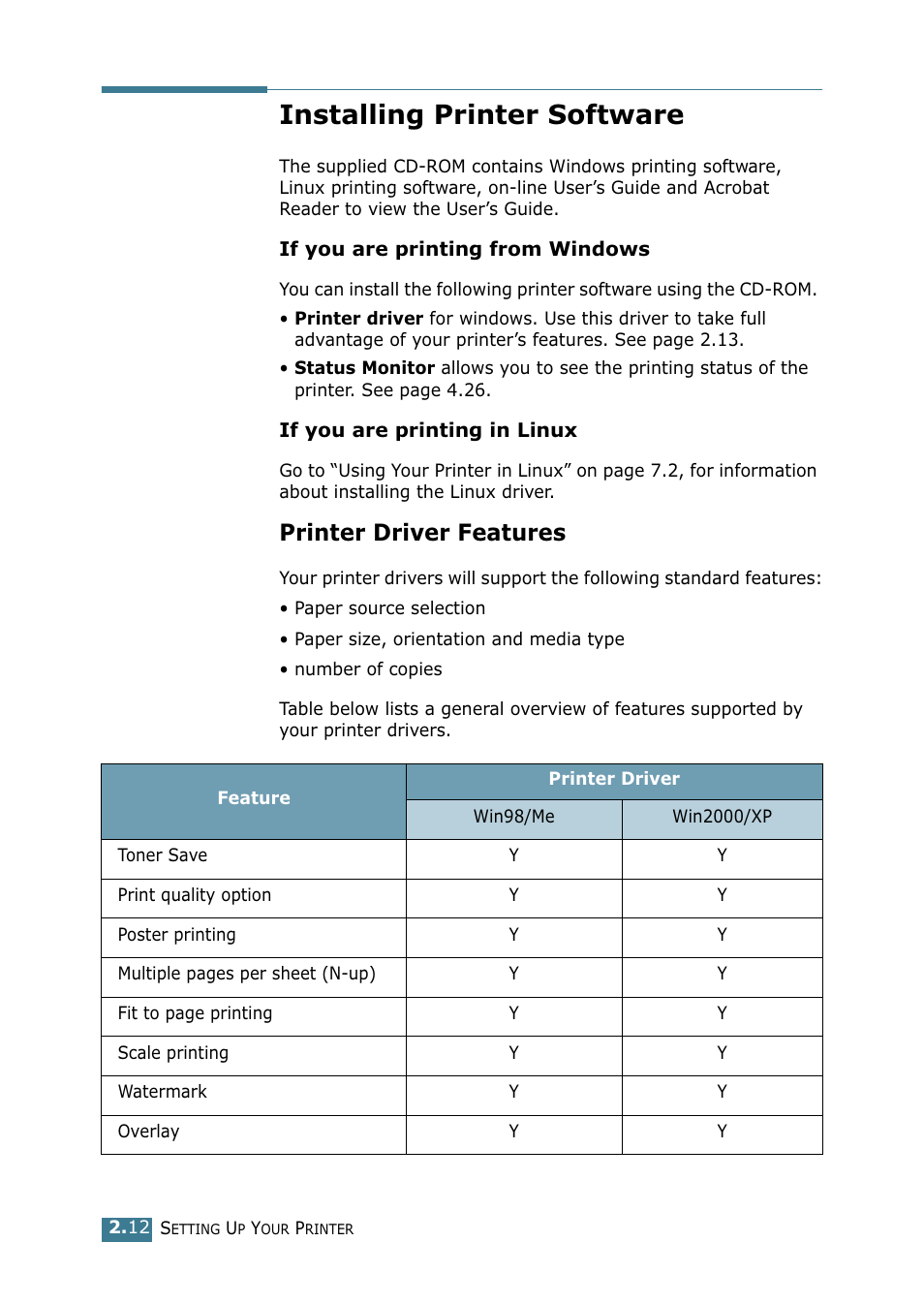 Installing printer software, Printer driver features | Samsung ML-1520 User Manual | Page 33 / 138