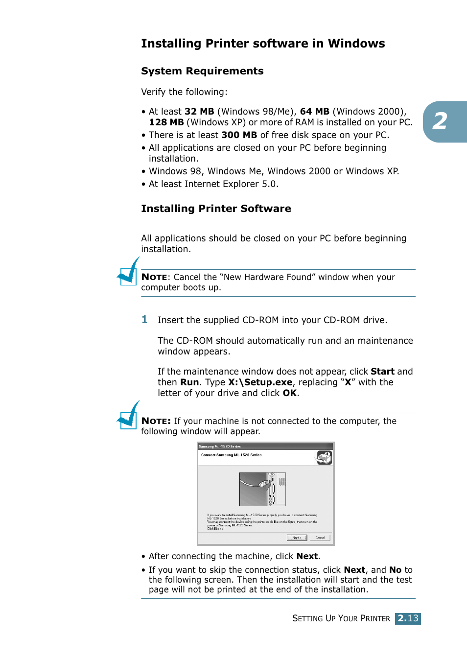 Installing printer software in windows | Samsung ML-1520 User Manual | Page 34 / 138