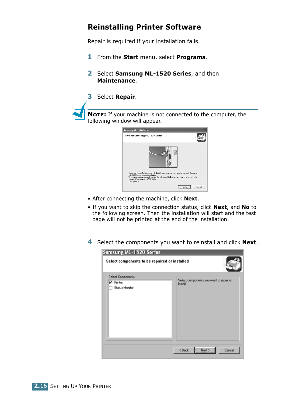 Reinstalling printer software | Samsung ML-1520 User Manual | Page 37 / 138