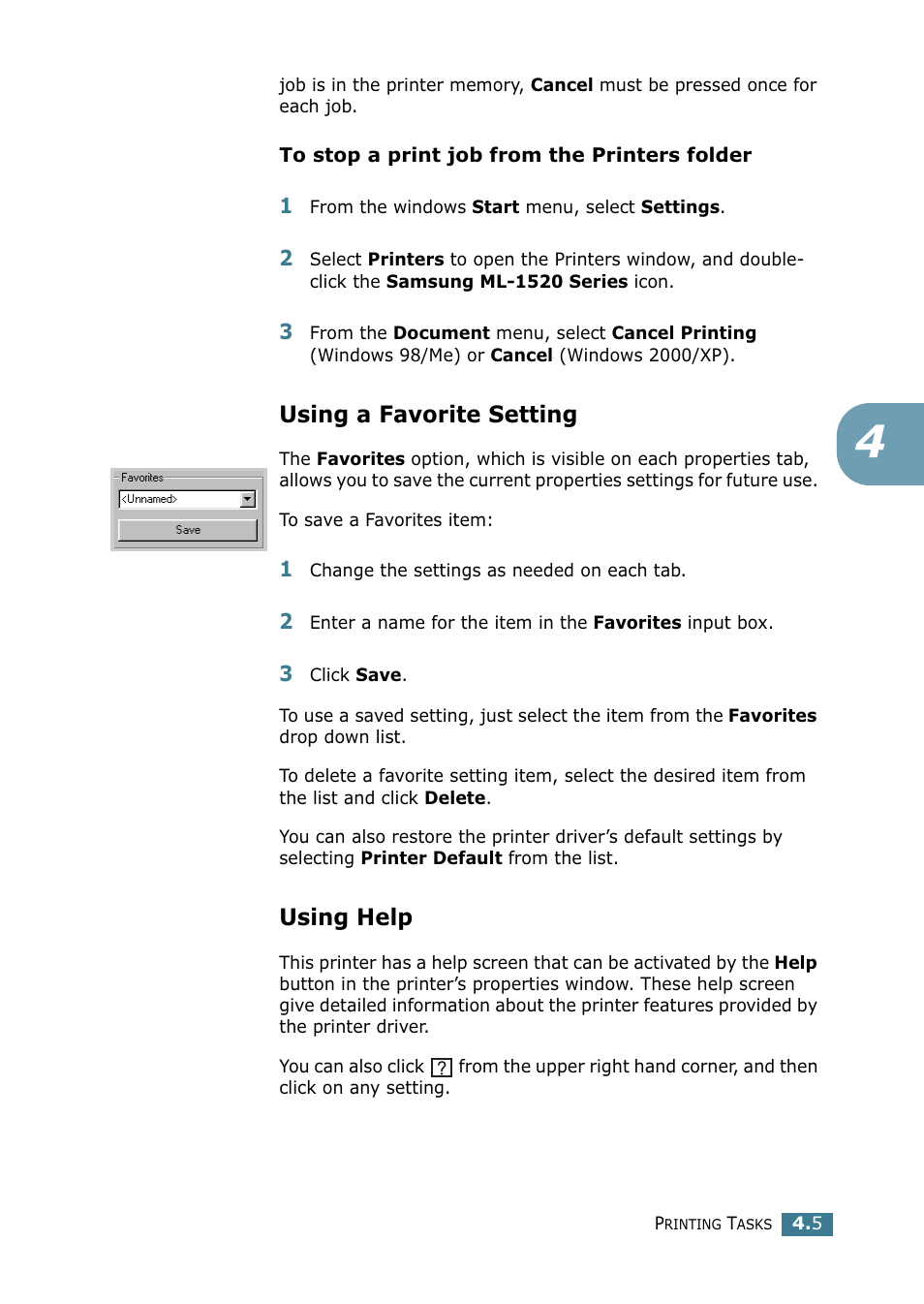 Using a favorite setting, Using help, Using a favorite setting using help | Samsung ML-1520 User Manual | Page 62 / 138