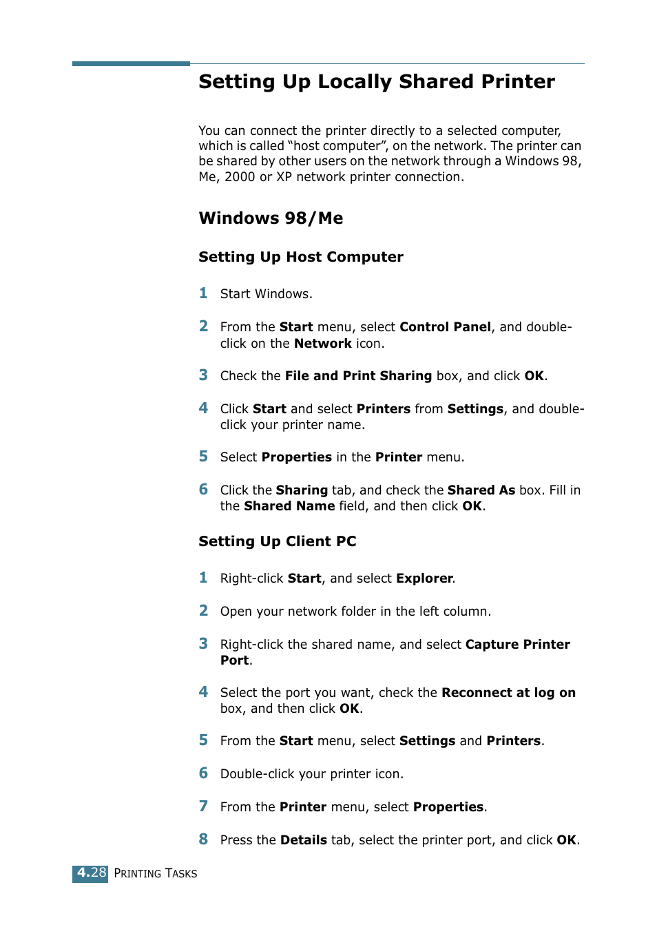 Setting up locally shared printer, Windows 98/me | Samsung ML-1520 User Manual | Page 85 / 138