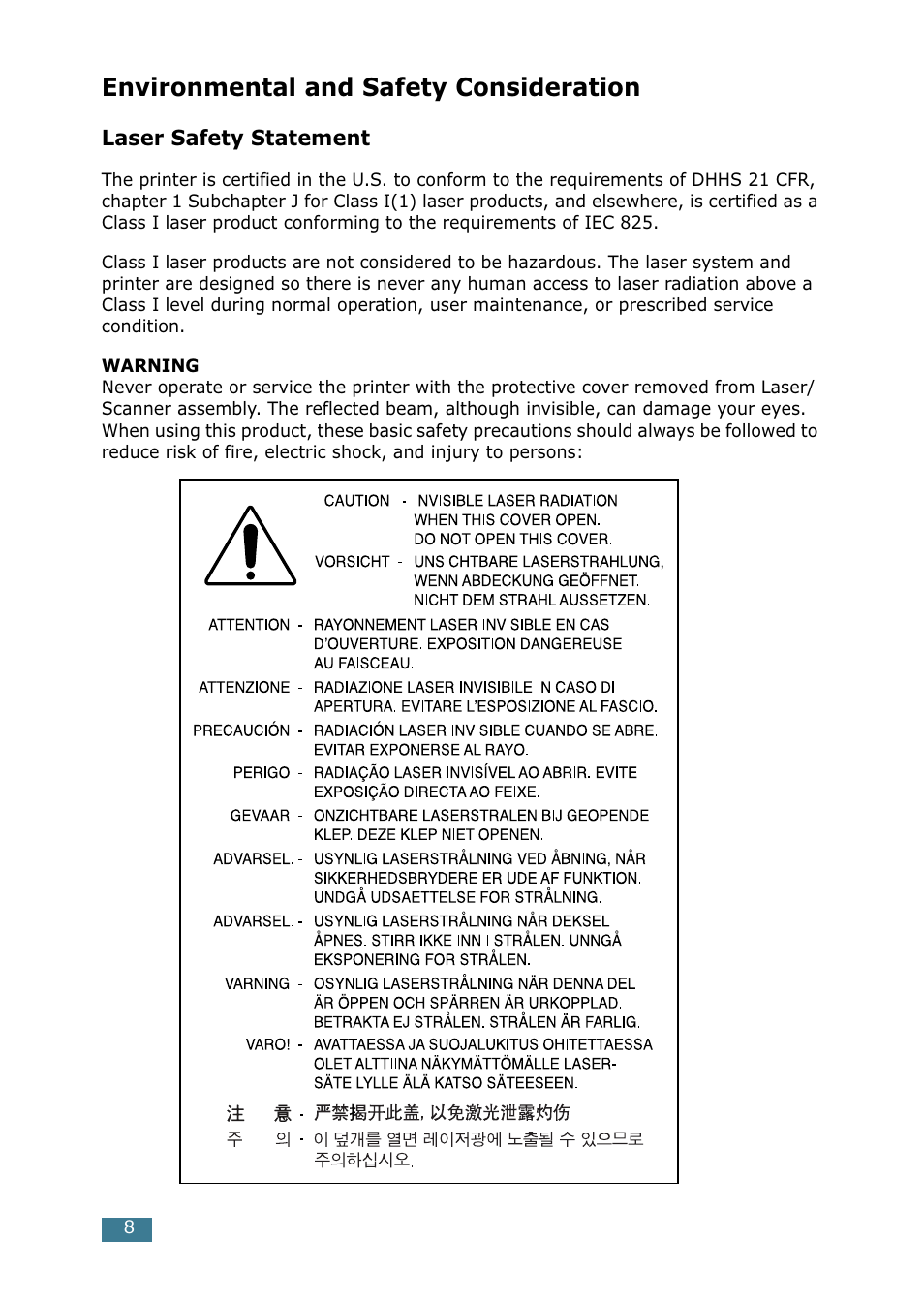 Environmental and safety consideration | Samsung ML-1520 User Manual | Page 9 / 138