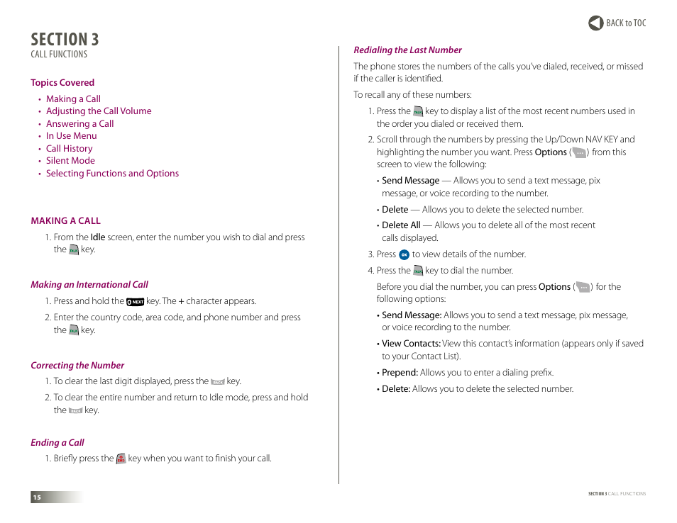 Section 3: call functions, Making a call, Call functions | Samsung DM-S105 User Manual | Page 15 / 99