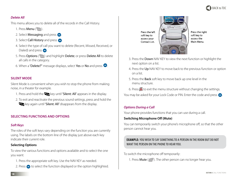 Silent mode, Selecting functions and options, Silent mode selecting functions and options | Silent mode • selecting functions and options | Samsung DM-S105 User Manual | Page 18 / 99