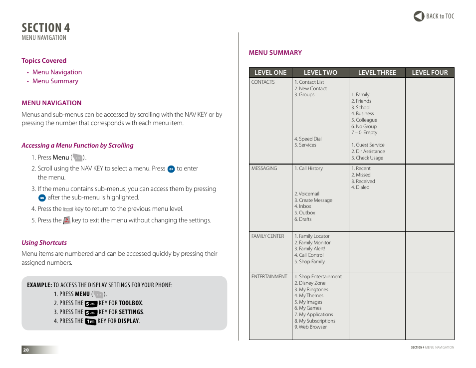 Section 4: menu navigation, Menu navigation, Menu summary | Section 4. menu navigation, Menu navigation menu summary | Samsung DM-S105 User Manual | Page 20 / 99
