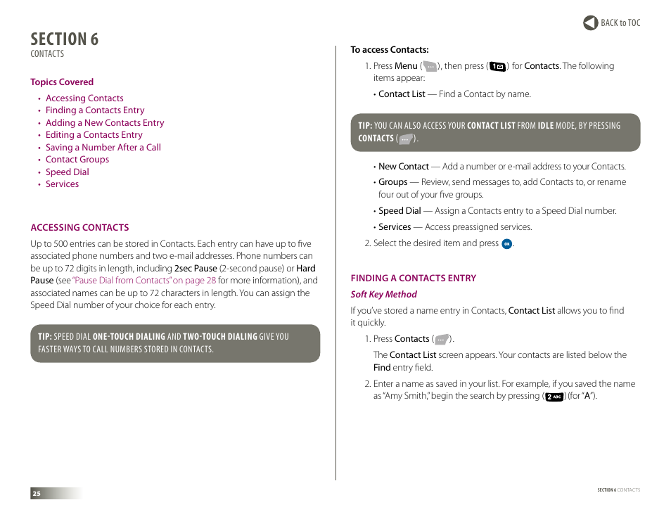 Section 6: contacts, Accessing contacts, Finding a contacts entry | Contacts, Accessing contacts finding a contacts entry | Samsung DM-S105 User Manual | Page 25 / 99