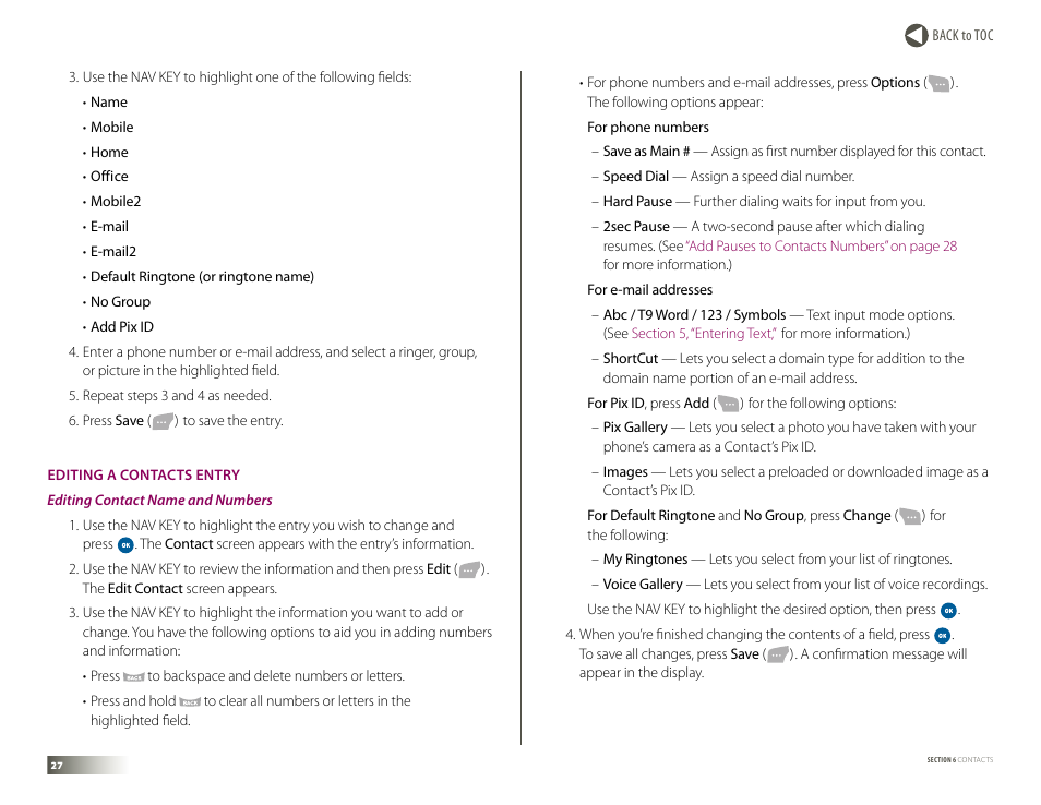 Editing a contacts entry | Samsung DM-S105 User Manual | Page 27 / 99