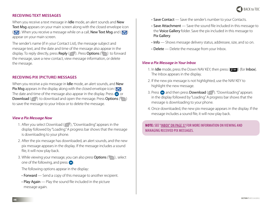 Receiving text messages, Receiving pix (picture) messages | Samsung DM-S105 User Manual | Page 36 / 99