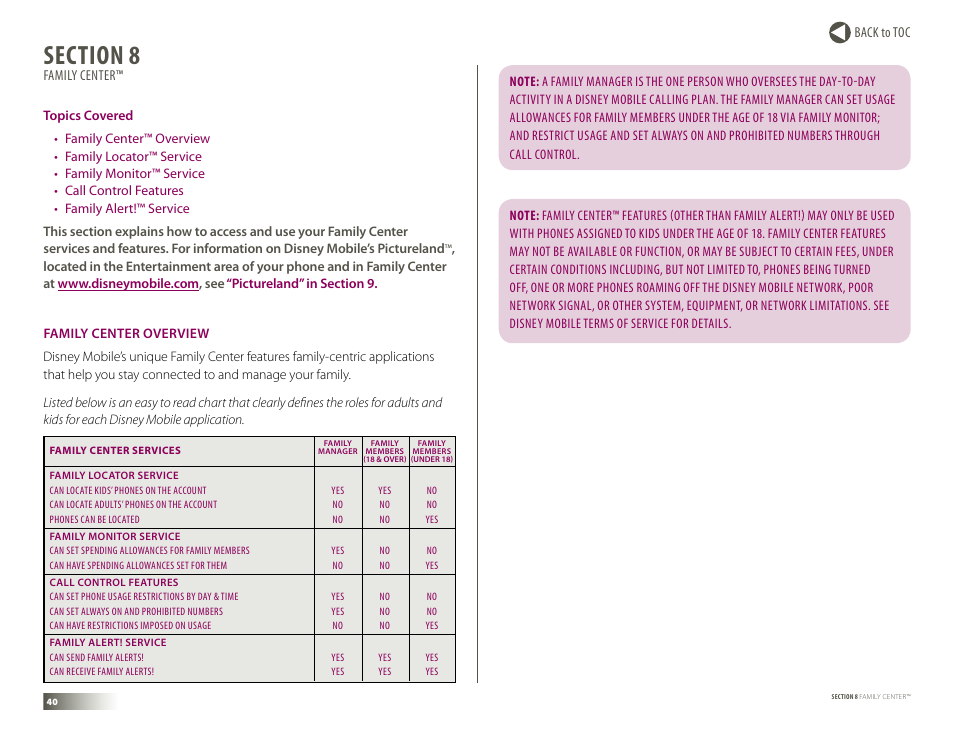 Section 8: family center, Family center overview, Family center | Family center™ overview | Samsung DM-S105 User Manual | Page 40 / 99