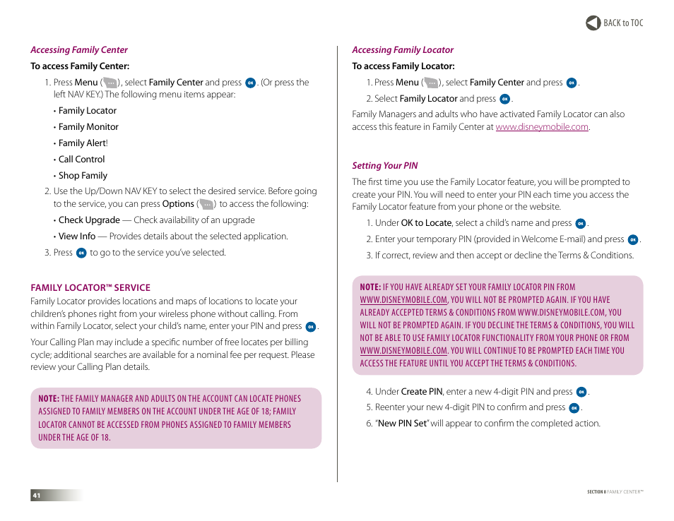 Family locator service, Family locator™ service | Samsung DM-S105 User Manual | Page 41 / 99