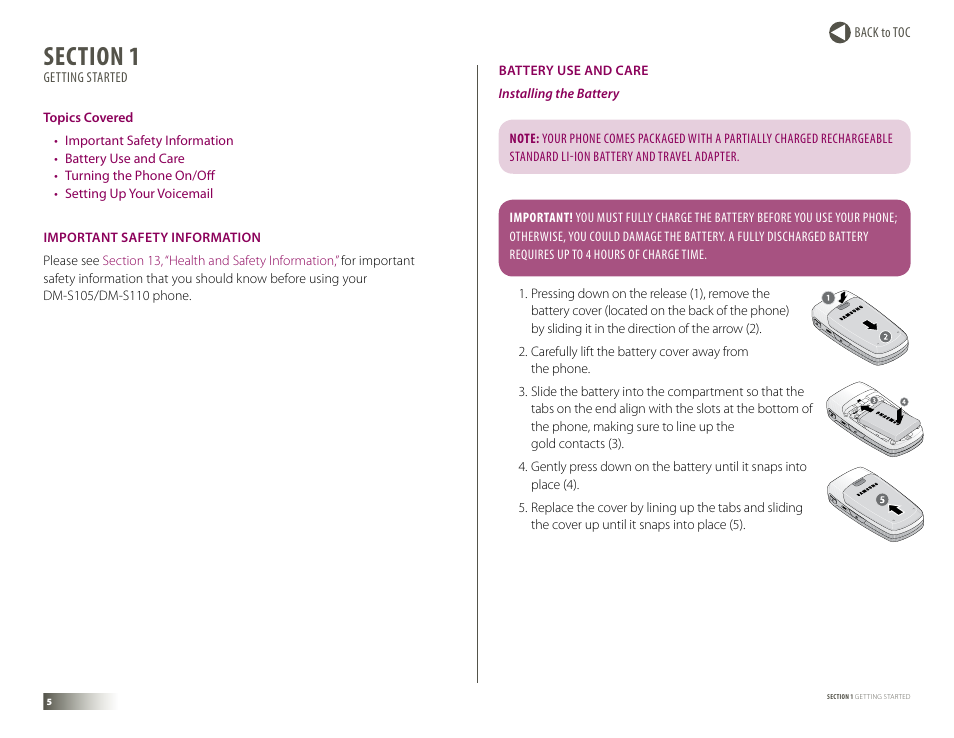 Section 1: getting started, Important safety information, Battery use and care | Getting started, Important safety information battery use and care | Samsung DM-S105 User Manual | Page 5 / 99