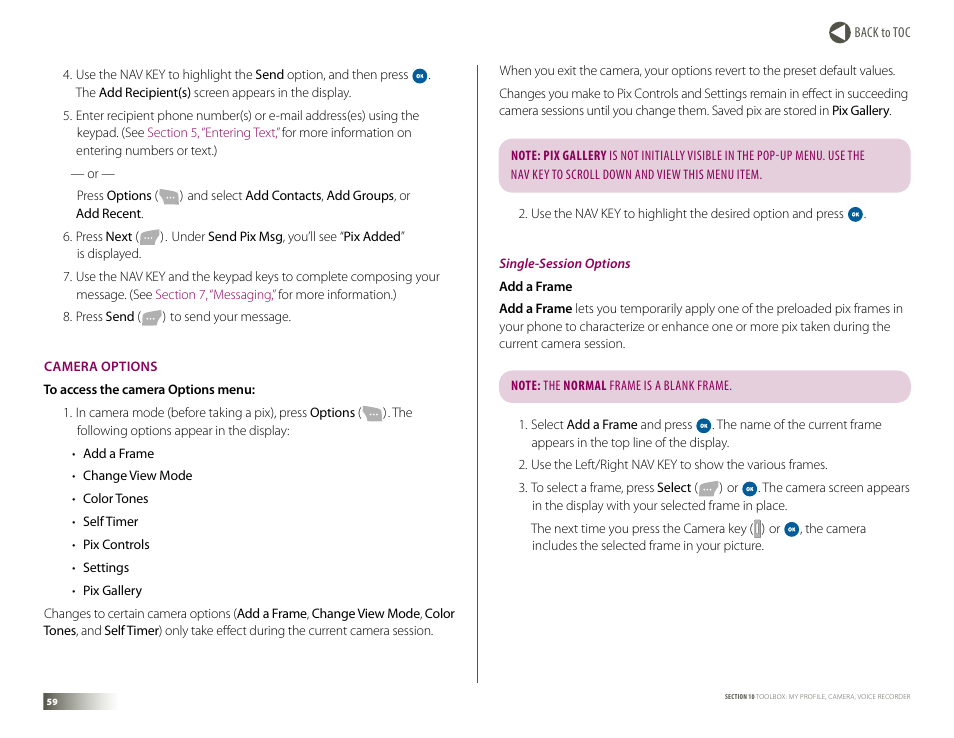 Camera options | Samsung DM-S105 User Manual | Page 59 / 99