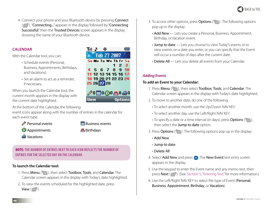 Calendar | Samsung DM-S105 User Manual | Page 66 / 99