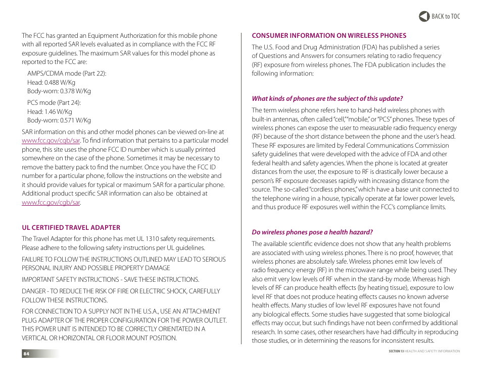 Ul certified travel adapter, Consumer information on wireless phones | Samsung DM-S105 User Manual | Page 84 / 99