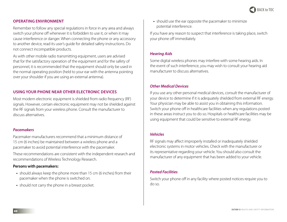 Operating environment, Using your phone near other electronic devices | Samsung DM-S105 User Manual | Page 89 / 99