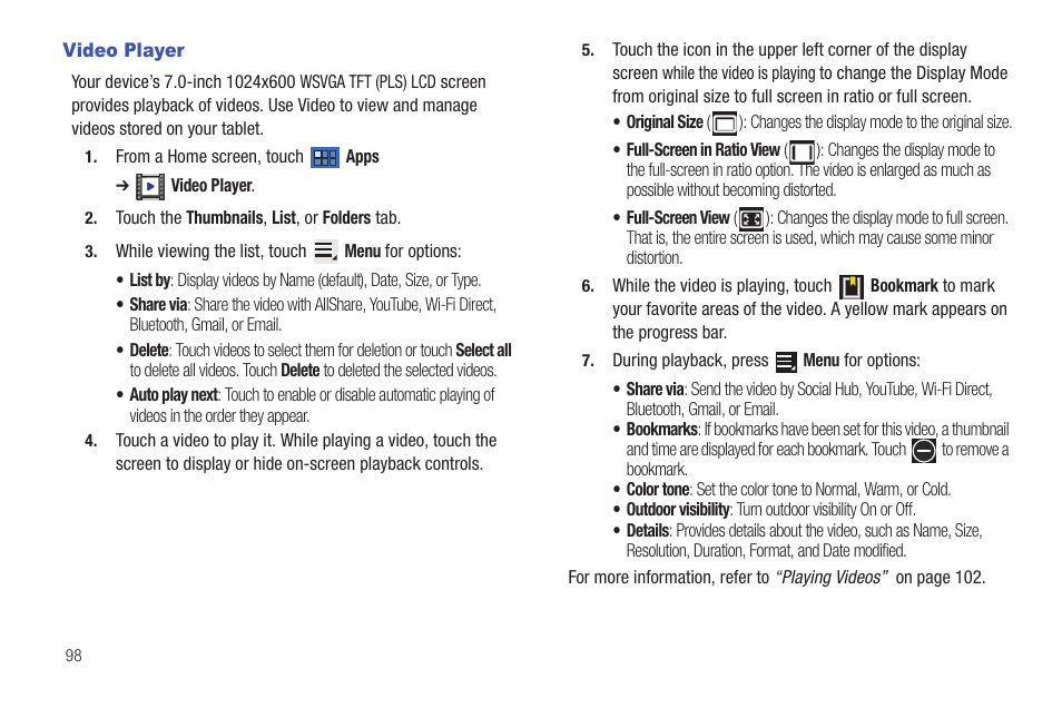 Video player | Samsung GT-P6210 User Manual | Page 102 / 200