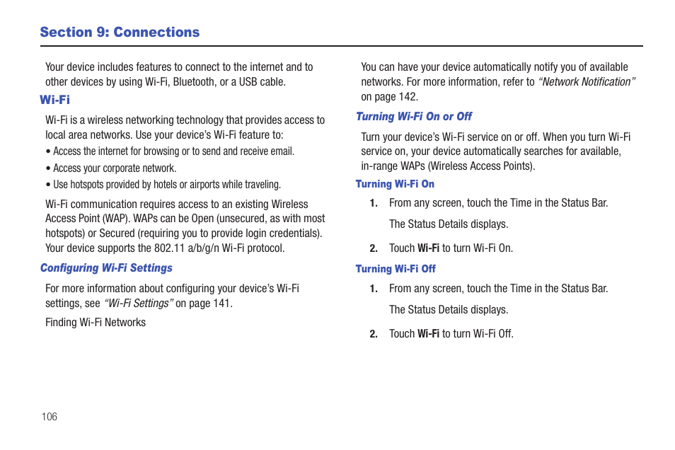 Section 9: connections, Wi-fi, For more information, refer to “wi-fi” on | Samsung GT-P6210 User Manual | Page 110 / 200