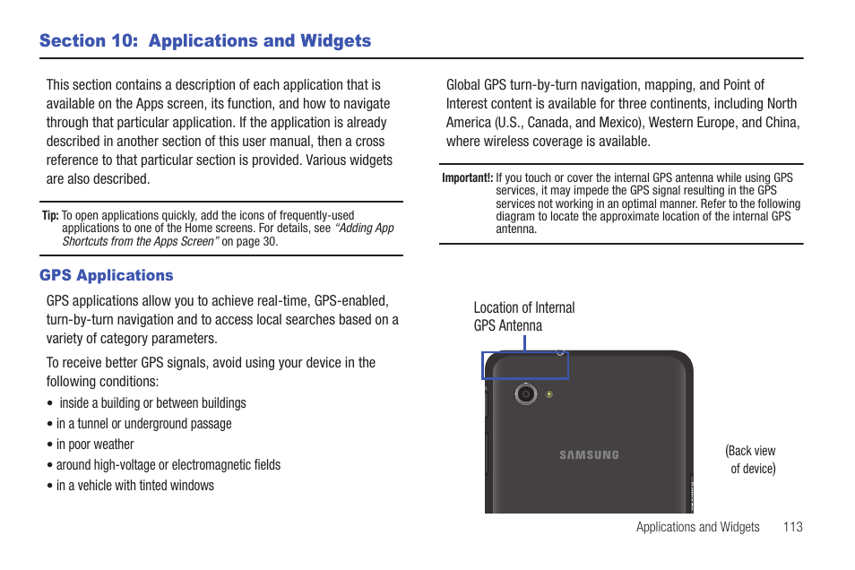 Section 10: applications and widgets, Gps applications | Samsung GT-P6210 User Manual | Page 117 / 200