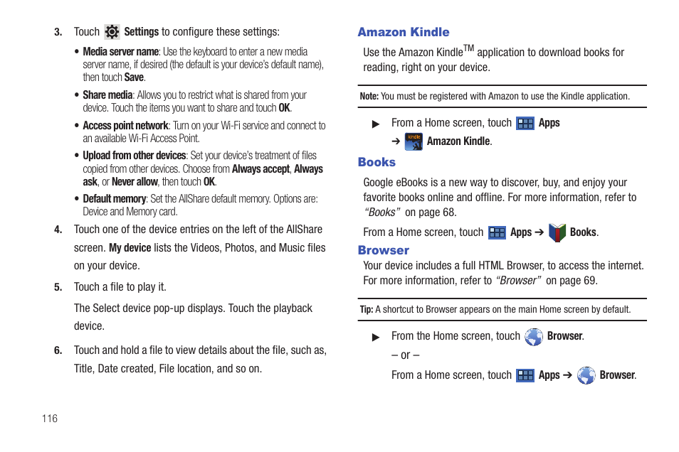 Amazon kindle, Books, Browser | Amazon kindle books browser | Samsung GT-P6210 User Manual | Page 120 / 200