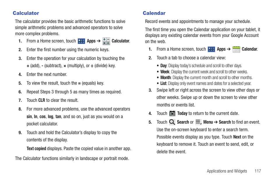 Calculator, Calendar, Calculator calendar | For more information, refer to, Current month. touch to open the calendar app or, Ent. for more information, refer to, P. for more information | Samsung GT-P6210 User Manual | Page 121 / 200