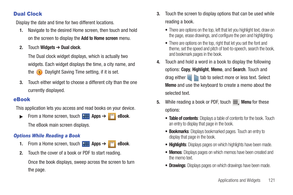 Dual clock, Ebook, Dual clock ebook | Samsung GT-P6210 User Manual | Page 125 / 200