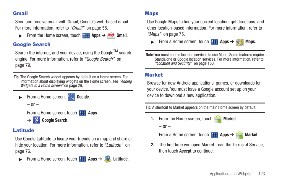 Gmail, Google search, Latitude | Maps, Market, Gmail google search latitude maps market, Market. for more | Samsung GT-P6210 User Manual | Page 127 / 200