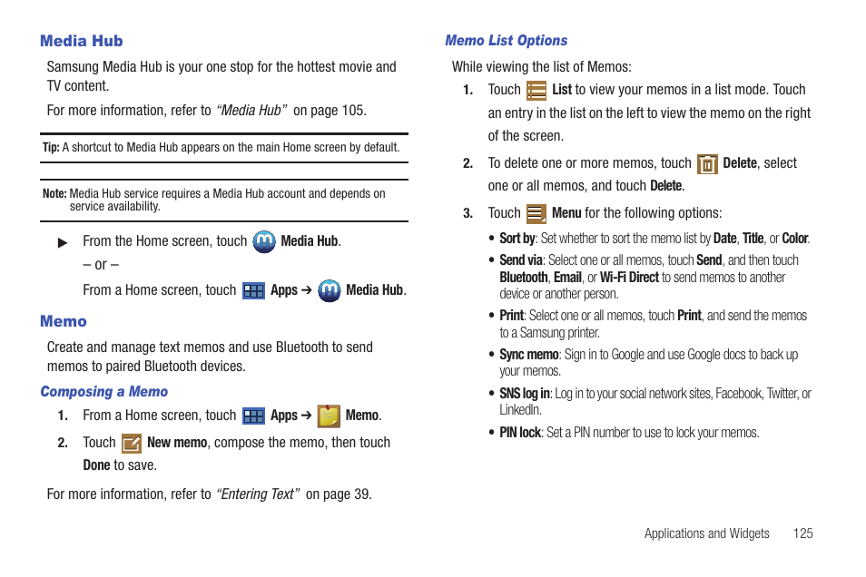 Media hub, Memo, Media hub memo | Reen. for more | Samsung GT-P6210 User Manual | Page 129 / 200