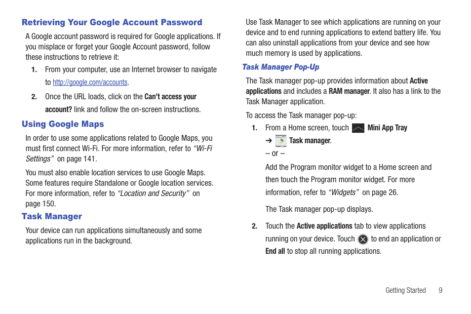 Retrieving your google account password, Using google maps, Task manager | Samsung GT-P6210 User Manual | Page 13 / 200