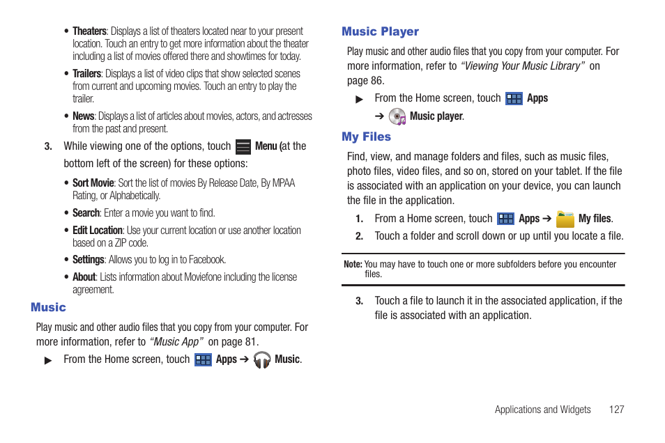 Music, Music player, My files | Music music player my files, For more information, Camera folder as jpg files. for, Les. for | Samsung GT-P6210 User Manual | Page 131 / 200