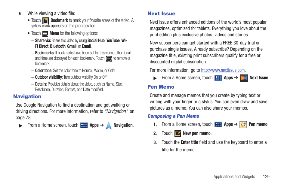 Navigation, Next issue, Pen memo | Navigation next issue pen memo | Samsung GT-P6210 User Manual | Page 133 / 200