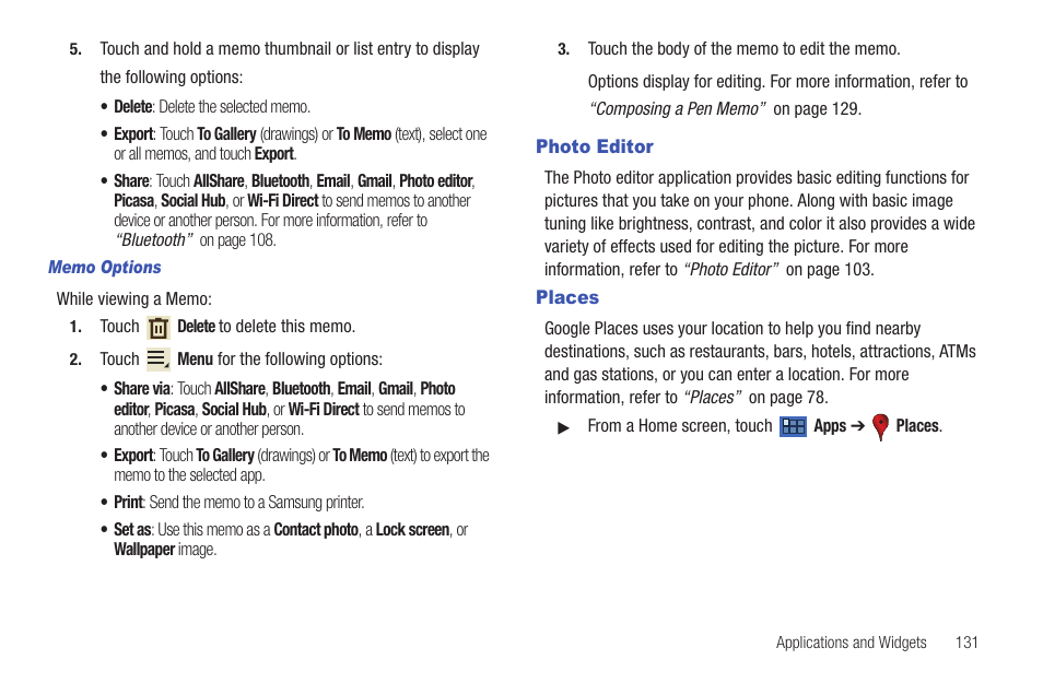 Photo editor, Places, Photo editor places | Samsung GT-P6210 User Manual | Page 135 / 200