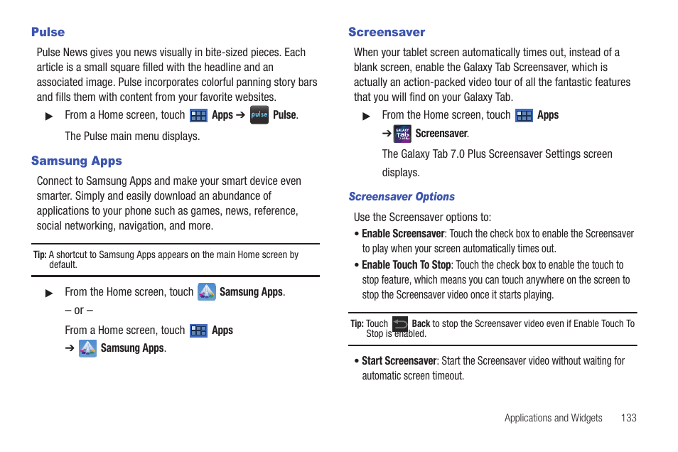 Pulse, Samsung apps, Screensaver | Pulse samsung apps screensaver | Samsung GT-P6210 User Manual | Page 137 / 200