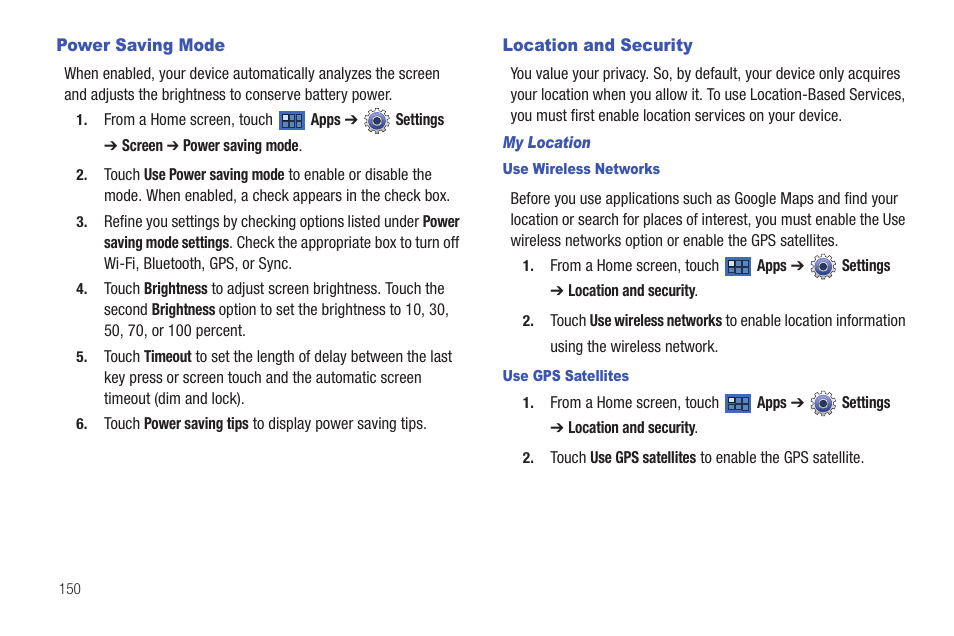 Power saving mode, Location and security, Power saving mode location and security | Samsung GT-P6210 User Manual | Page 154 / 200