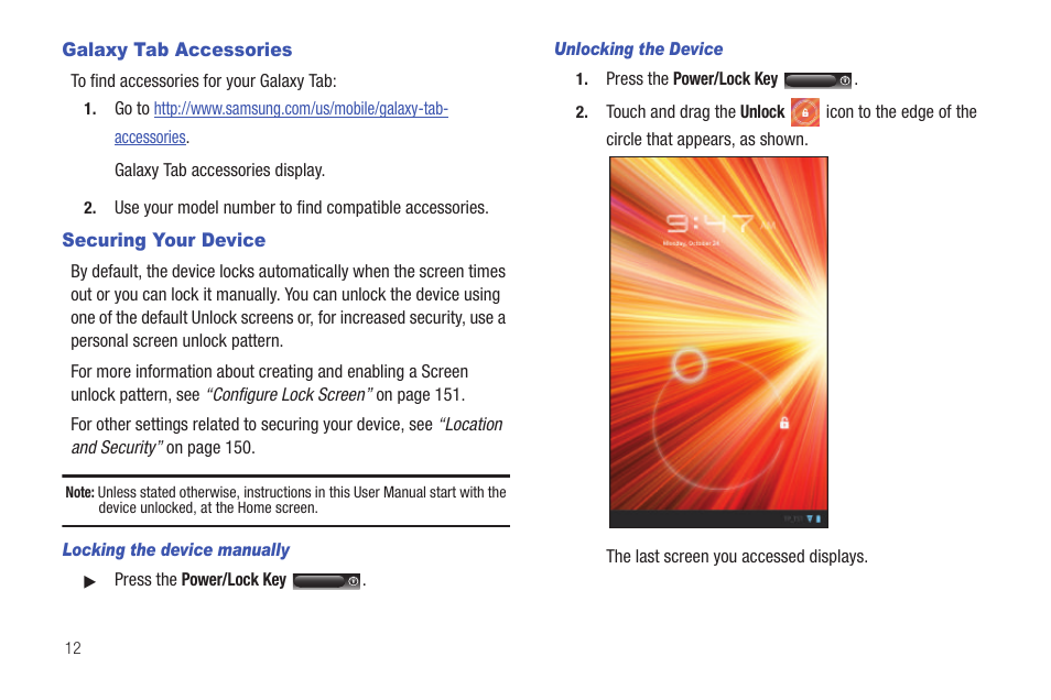 Galaxy tab accessories, Securing your device, Galaxy tab accessories securing your device | Samsung GT-P6210 User Manual | Page 16 / 200