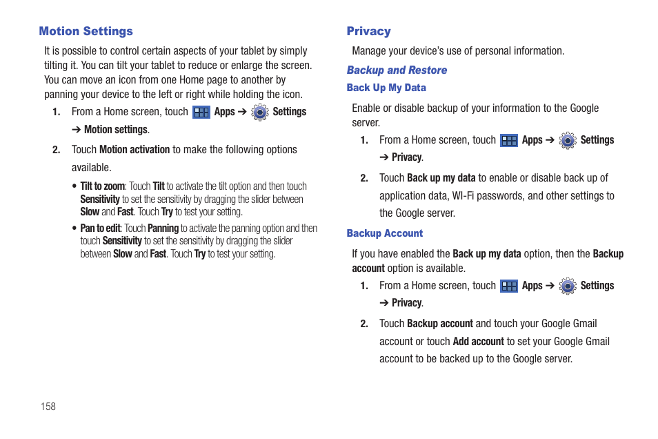 Motion settings, Privacy, Motion settings privacy | Gs. for more information, refer to | Samsung GT-P6210 User Manual | Page 162 / 200