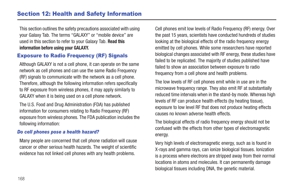 Section 12: health and safety information, Exposure to radio frequency (rf) signals | Samsung GT-P6210 User Manual | Page 172 / 200