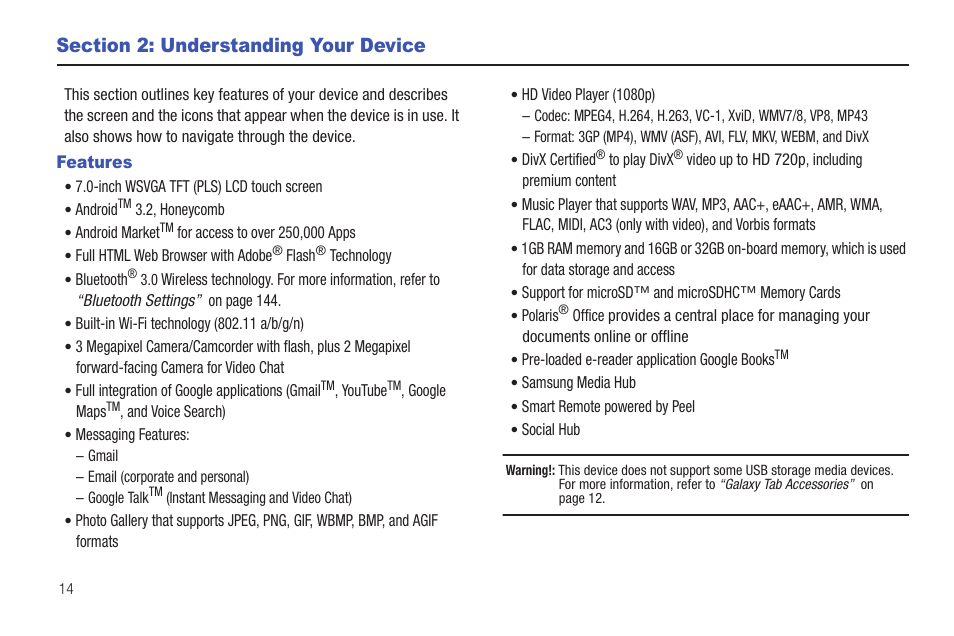 Section 2: understanding your device, Features | Samsung GT-P6210 User Manual | Page 18 / 200