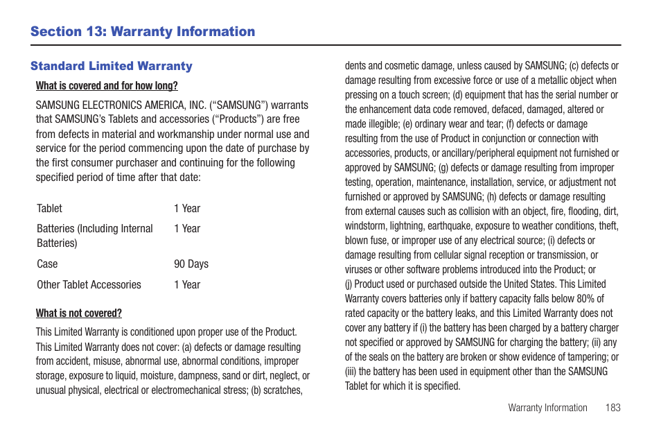 Section 13: warranty information, Standard limited warranty | Samsung GT-P6210 User Manual | Page 187 / 200