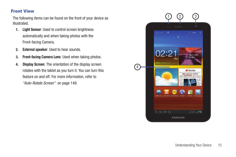 Front view | Samsung GT-P6210 User Manual | Page 19 / 200