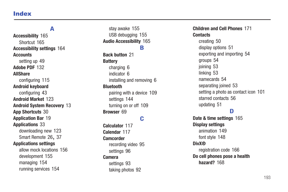 Index | Samsung GT-P6210 User Manual | Page 197 / 200