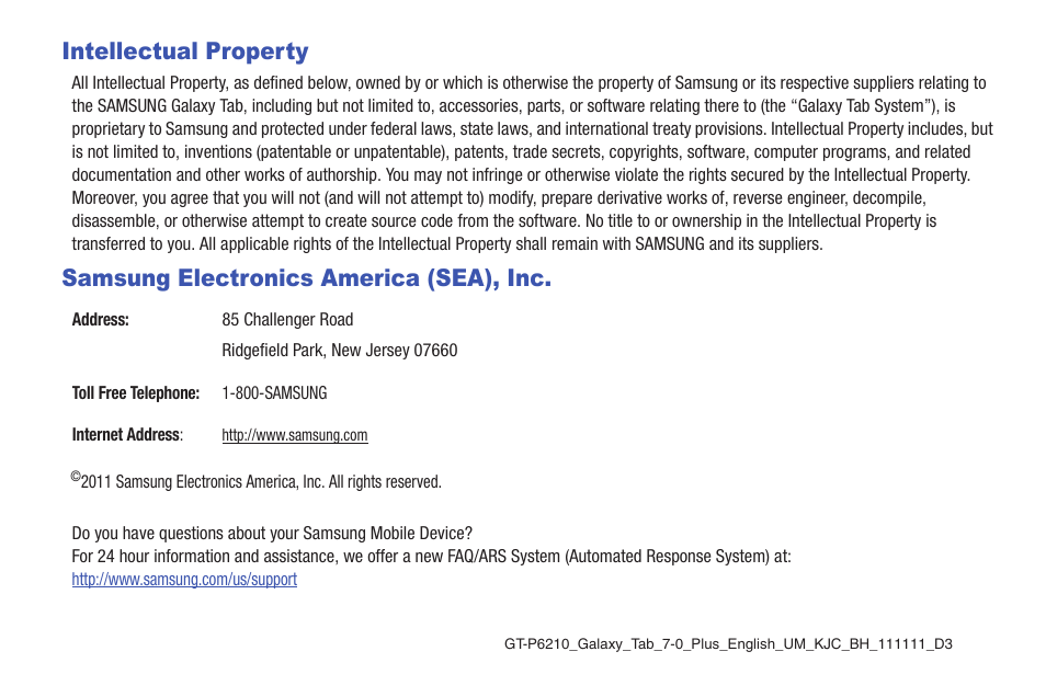 Intellectual property, Samsung electronics america (sea), inc | Samsung GT-P6210 User Manual | Page 2 / 200