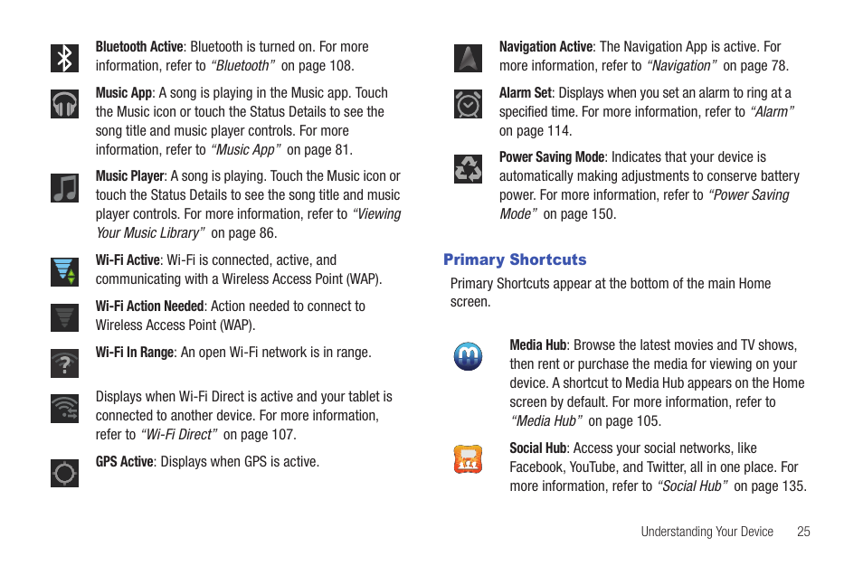 Primary shortcuts, Es. for, More information, refer to “primary shortcuts” on | Samsung GT-P6210 User Manual | Page 29 / 200