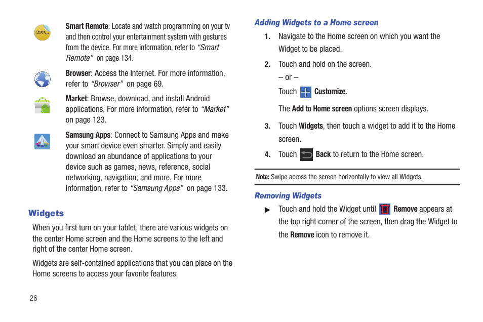 Widgets, Dget. for more, T. for | Samsung GT-P6210 User Manual | Page 30 / 200